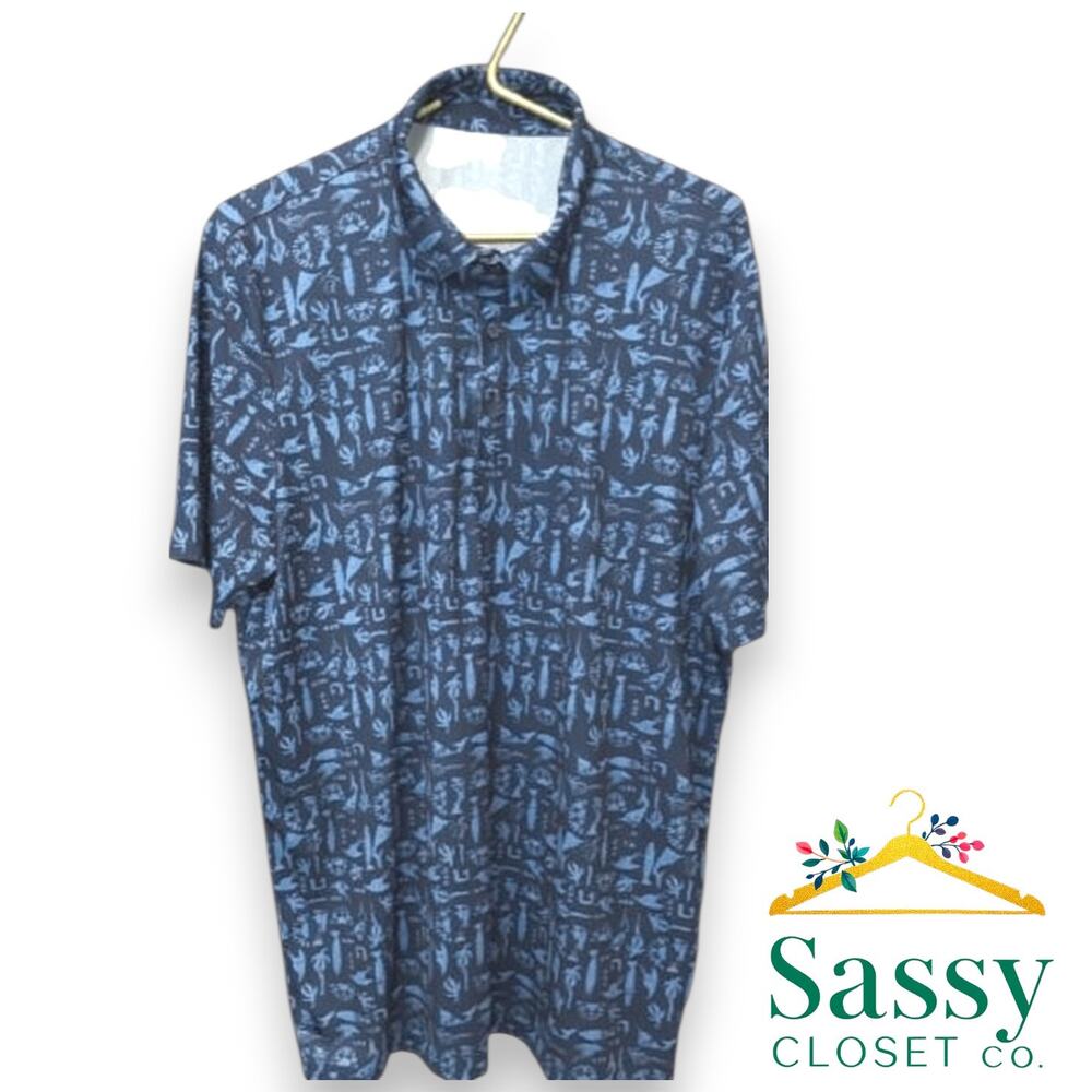 HUK Men XL Blue Performance Fishing Polo Shirt Fish Print Short Sleeve EUC